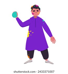 The character is holding paint for Holi Festival Day. The character’s clothes are stained with colored splashes. Flat vector illustration. 