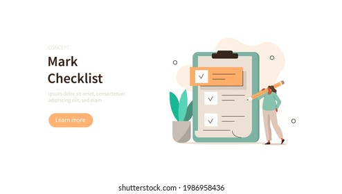 Character holding pencil and filling big checklist. Woman putting check mark on checklist in survey form. Business organization and planning concept. Flat cartoon vector illustration.