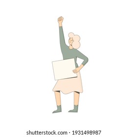 character holding placards isolated on white background. Person standing with blank. Young woman in casual clothes with banner taking part in parade, picket. Social activism. Vector line illustration.