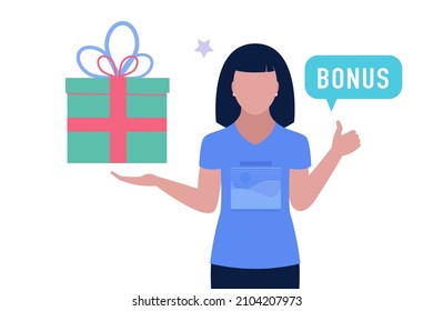 El personaje tiene un regalo. Concepto de fidelidad del cliente. Ilustración vectorial en un estilo plano