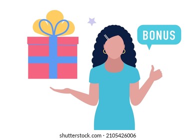 Character is holding a present. Customer loyalty concept. Vector illustration in a flat style