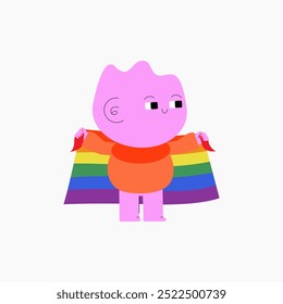 Character holding a rainbow flag representing LGBTQ pride, inclusivity, and support, perfect for themes of diversity, equality, and acceptance in a flat vector illustration.