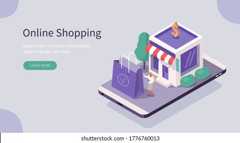 Character Holding Shopping bag and Standing near Shop. Customer Making Order in Mobile App. Online Shopping and Mobile Commerce Concept. Flat Isometric Vector  Illustration.