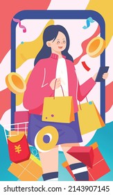 Character holding shopping cart on live broadcast, vector illustration