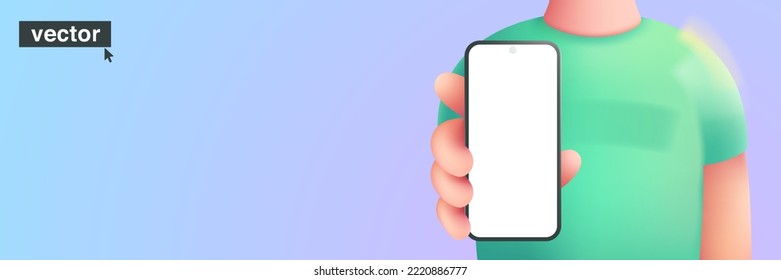 Character holding smartphone in hand on blue background. Realistic vector 3D design in cartoon style. Perfect for social media banners, UI template, business app, mobile phones advertising.