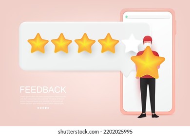 Character Are Holding A Star. Giving Five Star Feedback. Feedback Consumer. Customer Review Evaluation. Clients Choosing Satisfaction Rating And Leaving Review. 3d Vector Illustration.