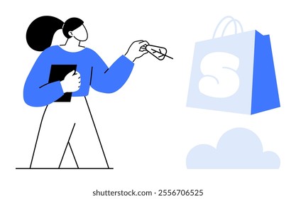 Character holding a tablet extending out a dollar bill toward a shopping bag over a cloud Ideal for retail, e-commerce, online shopping, digital transactions, and technology. Simple vector style