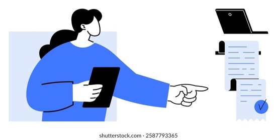Character holding a tablet points towards floating documents near a laptop. Ideal for business communication, digital technology, workflow organization, office management, online documentation