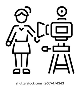 A character holding a video camera depicting demonstration, line icon 