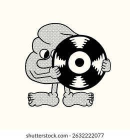 character holding vinyl music retro cartoon illustration