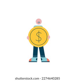 Character holds a big coin. Vector illustration in a flat style
