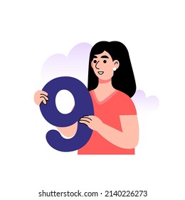Character holds a big number. 9, nine symbol. Vector illustration in a flat style
