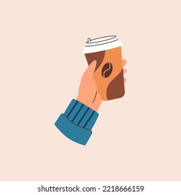 Character holds to go mug of coffee in hand, flat vector illustration isolated on beige background. Take away cup of hot drink or beverage.