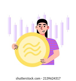 Character Holds Libra Coin. Vector Illustration In A Flat Style