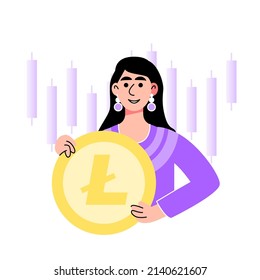 Character holds Litecoin. Vector illustration in a flat style
