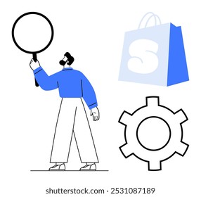 O personagem segura uma lupa ao lado de uma sacola de compras e engrenagens. Ideal para temas como pesquisa, compras, comércio eletrônico, tecnologia e serviços on-line. Estilo minimalista em azul, preto e branco