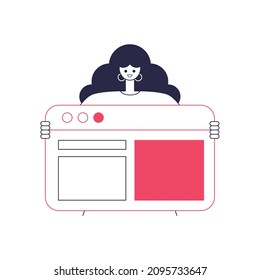 Character holds network page, frame. Colorful flat vector illustration
