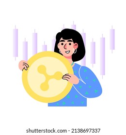 Character holds Ripple coin. Vector illustration in a flat style