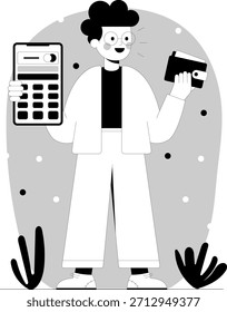 El personaje sostiene el teléfono inteligente y la calculadora mientras organiza el presupuesto personal en casa