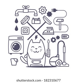Character home handyman in uniform line art composition of professional accessories. Cat male stands smiling and holding a  screwdriver