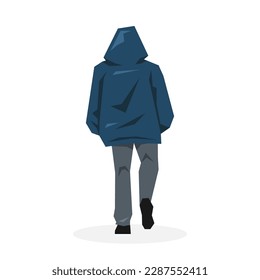 caracter en la chaqueta encapuchada que camina hacia atrás. aislado de fondo blanco. concepto humano, actividad. ilustración vectorial plana.