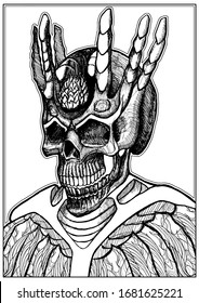 Character horror, skull of Dark Lord or devil, creepy, scary, bony, with a crown and a large stone in his head, with six long horns, and a grin on his face. Hatch graphic, sketch, line art.