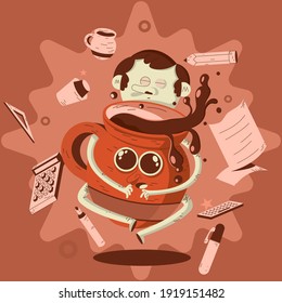 El personaje abrazando su taza de café mientras trabaja y flotando en el aire disfrutando del olor del café fresco.