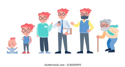 Character with human life cycles vector illustration. Character of a man in different ages from youth to maturity. The life cycle. A baby, a child, a teenager, an adult, an elderly person.