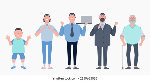 Character with human life cycles vector illustration. Character of a man in different ages from youth to maturity. The life cycle. A baby, a child, a teenager, an adult, an elderly person.