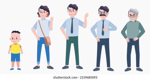 Character with human life cycles vector illustration. Character of a man in different ages from youth to maturity. The life cycle. A baby, a child, a teenager, an adult, an elderly person.