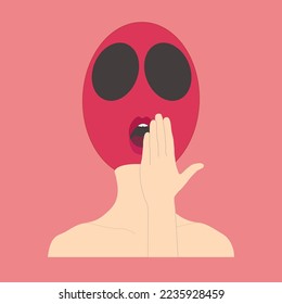 Carácter con hombros humanos y mano en color beige con líneas para enfatizar las formas, cabeza de bola crimson con grandes ojos huecos descarados, vector aislado en fondo rosado.