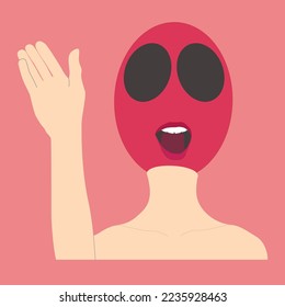 Character with human shoulders and hand in beige color with lines to emphasize the shapes, crimson ball head with big blank eyes greeting, vector isolated on pink background.