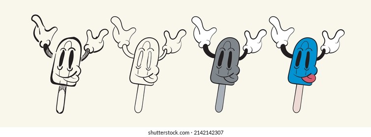 Character Ice cream on a stick sketch,lineart,colorless and colored. Stages of drawing coloring book vintage toons: funny character, vector illustration trendy classic retro cartoon style 30s.