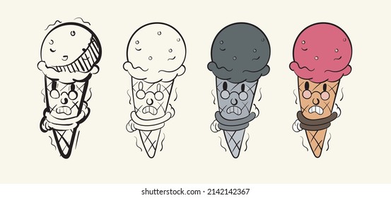 Character Icecream in four variants: sketch,lineart,colorless and colored. Stages of drawing coloring book vintage toons: funny character, vector illustration trendy classic retro cartoon style 30s.