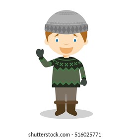 Character from Iceland dressed in the traditional way with the typical lopapeysa sweater. Vector Illustration. Kids of the World Collection.