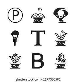 character icon. 9 character vector icons set. b letter, flower and p button icons for web and design about character theme