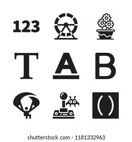 character icon. 9 character vector icons set. hamster wheel, numbers and capital letter icons for web and design about character theme