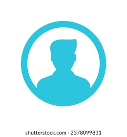 Icono de carácter, avatar, caracter de hombre, signo azul sobre fondo blanco. De conjunto de iconos azules.