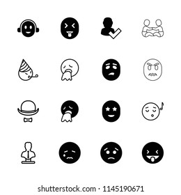 Character icon. collection of 16 character filled and outline icons such as sad emot, crying emot, bust, emoji listening music. editable character icons for web and mobile.