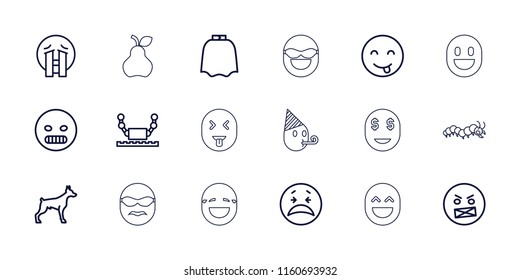 Character icon. collection of 18 character outline icons such as dog, hairdresser peignoir, crying emot, angry emot, crying emoji. editable character icons for web and mobile.