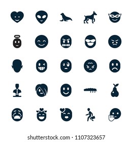 Character icon. collection of 25 character filled icons such as bust, smiling emot, emoji in mask, angry emot, angry emoji. editable character icons for web and mobile.