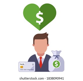 Character Icon With Heart And Dollar Sign Inside. Love Of Money. Flat Vector Illustration.