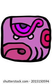 character icon, inspired by a Mayan glyph. Pink color head with sad and tired 