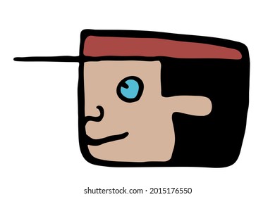 character icon, inspired by a Mayan glyph. Square head with a cap