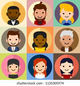 Character icon, male and female avatar, vector flat style, suit and dress set.