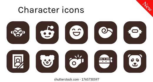 character icon set. 10 filled character icons. Included Vampire, Reddit, Happy, Winkle, Robot, Portrait, Clown, Referee, Ninja, Panda bear icons