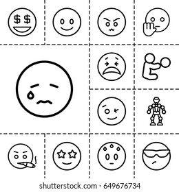 Character icon. set of 13 outline charactericons such as smiling emot, wink emot, happe emoji with star eyes, dollar smiley, robot