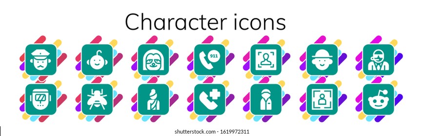 character icon set. 14 filled character icons. Included Policeman, Welder, Baby boy, Bee, Sloth, Woman, Emergency call, Face, Avatar, Portrait, Bodyguard, Reddit icons