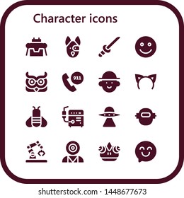 character icon set. 16 filled character icons.  Simple modern icons about  - Robot, Dog, Katana, Happy, Owl, Emergency call, Avatar, Headband, Bee, Welder, Aliens, Mind control