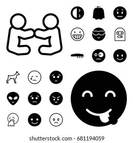 Character icon. set of 20 character filled and outline icons such as hairdresser peignoir, smiling emot, sad emot, alien head, caterpillar, dog